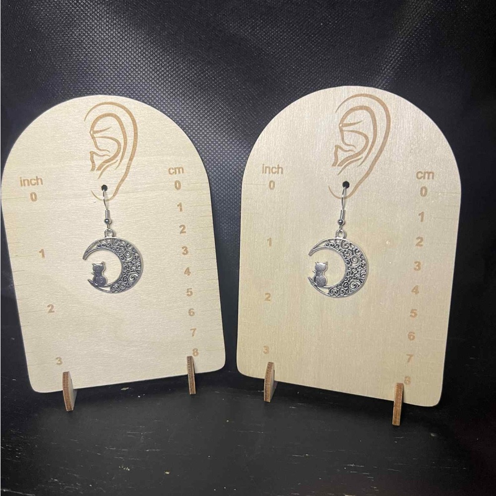 Silver Crescent Moon Cat Earrings